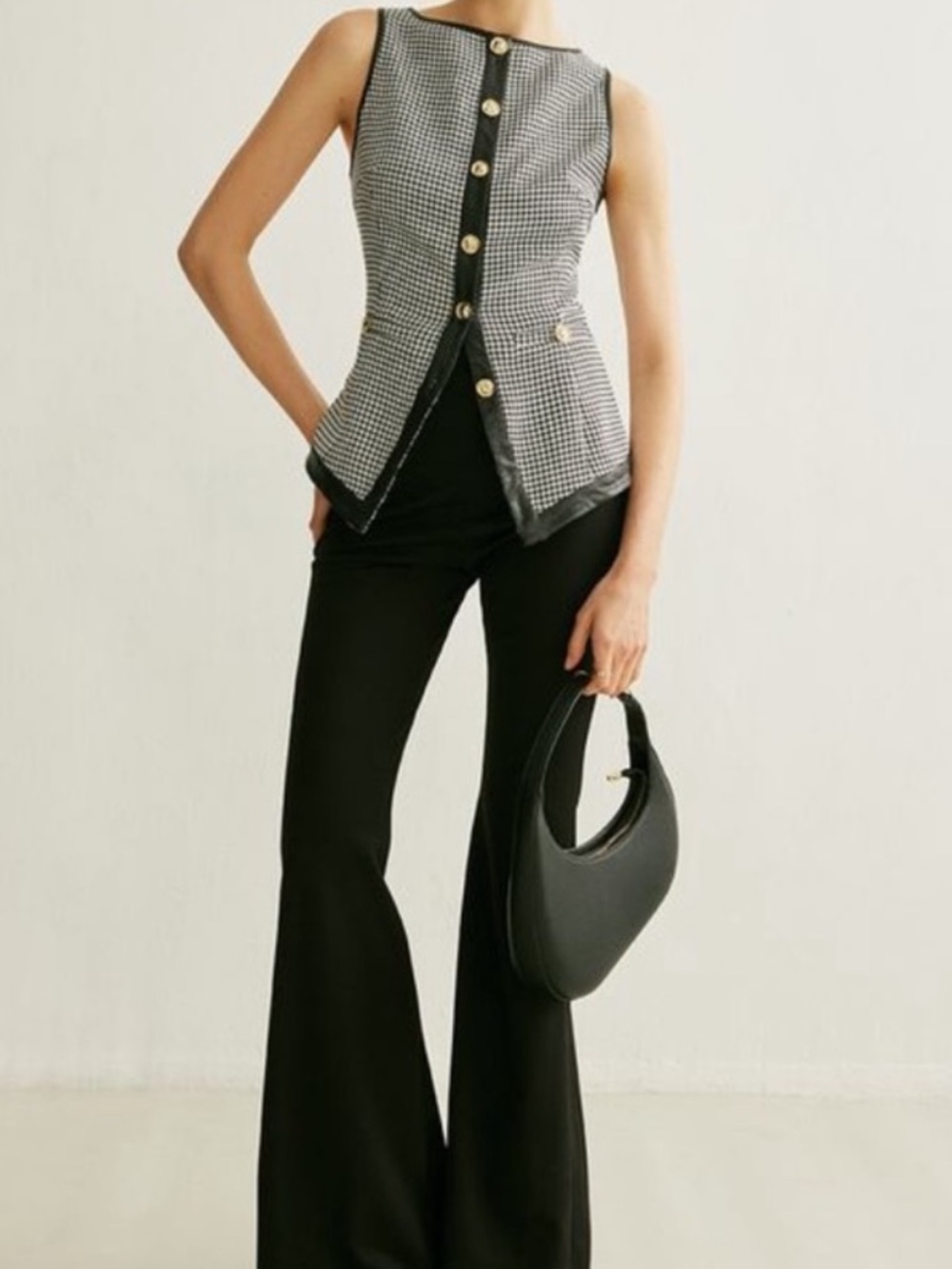 Commense Black & White Houndstooth Sleeveless Vest Top Gold Buttons Size Large - Picture 12 of 12